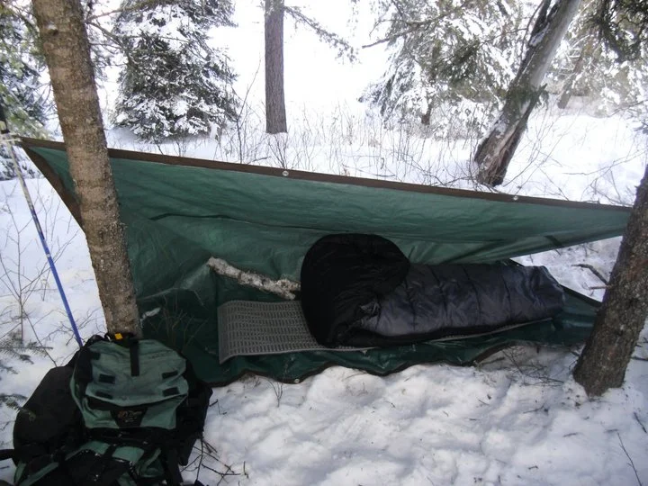  My digs on the solo night of my dog sledding trip. Most of the trees I cut down turned into firewood, but that log creating the bend in the tarp was chopped by yours truly. 