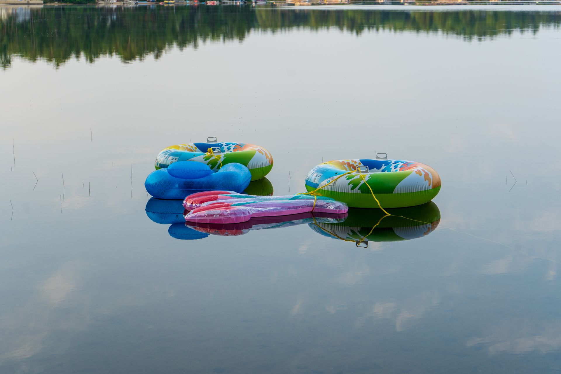 inflatable tubes floating on a lake