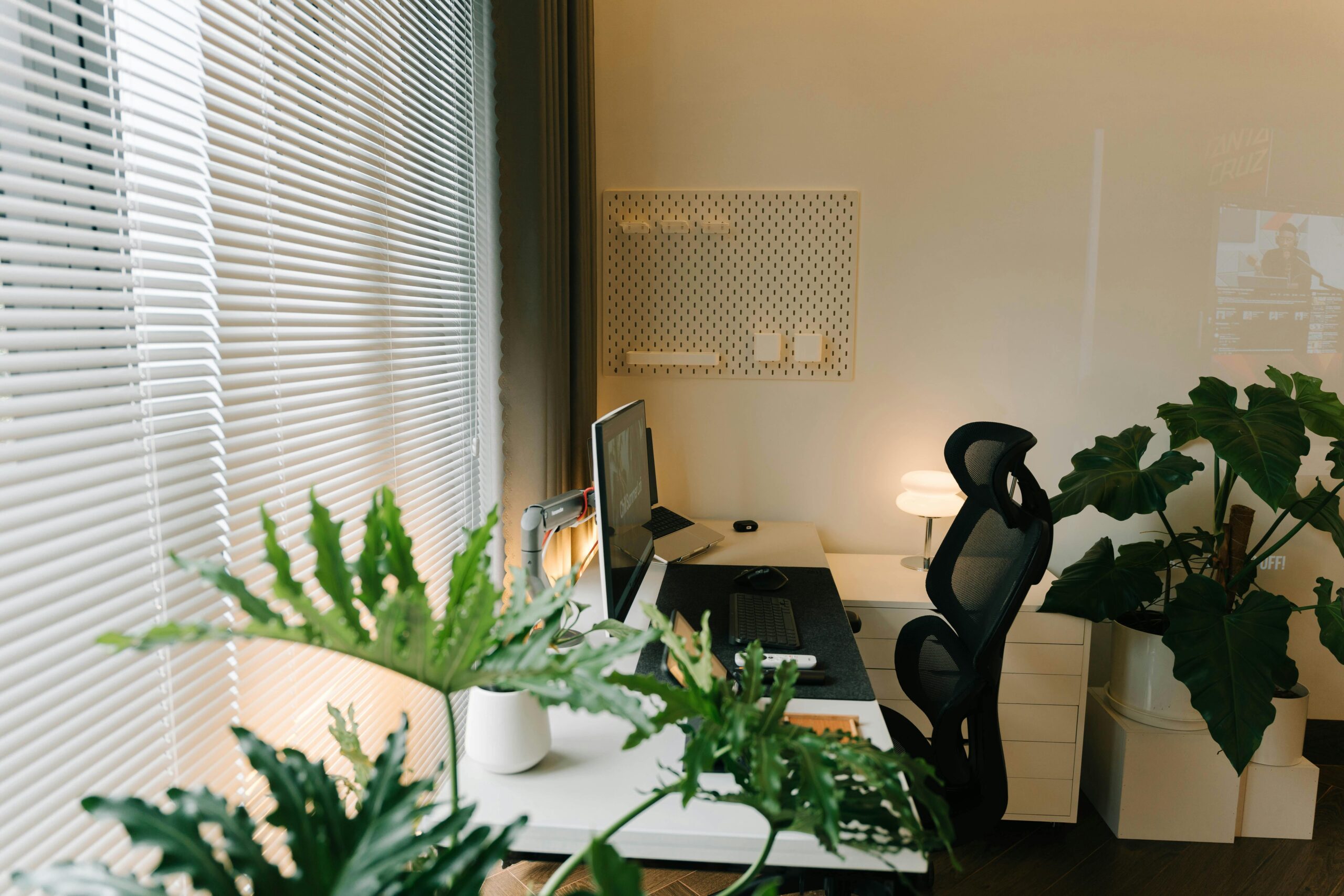 home office with black chair and greenery