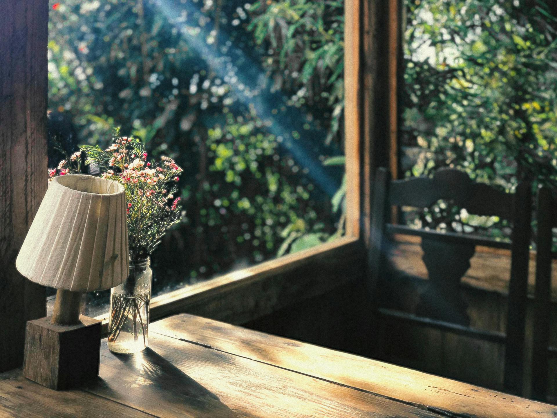 sun shining through a window onto a table