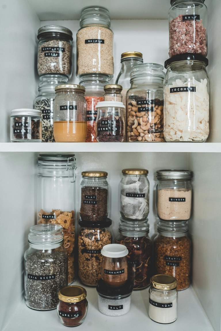 glass jars filled with dried foods